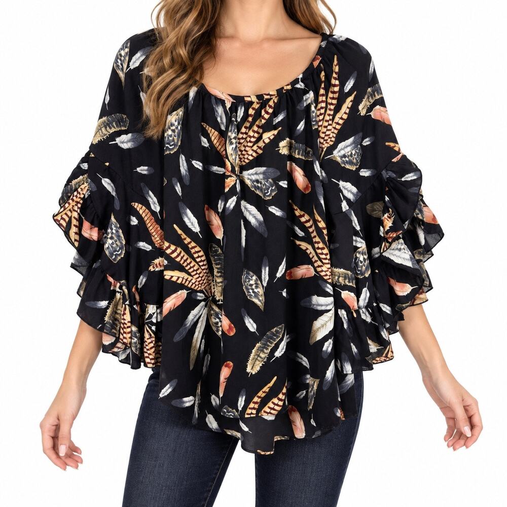 Ivy Jane Sz Medium Black Ruffle Feather Blouse Shirt Top Fall Autumn Harvest